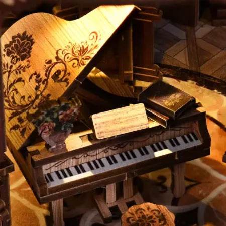 Detailansicht des Miniatur Haus Bausatz - Qimeng Bookstore mit präzise geschnittenen Holzteilen aus hochwertigem Material