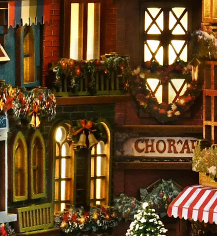Nahaufnahme des Book Nook - Christmas Street Corner mit reichhaltigen Details