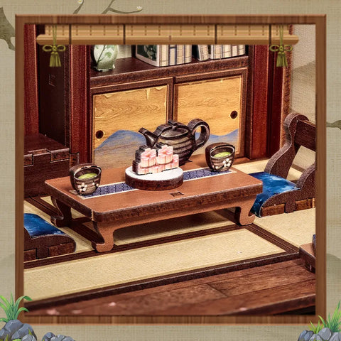 Nahaufnahme des Book Nook - Kirishima Cha-an mit reichhaltigen Details