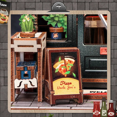 Nahaufnahme des Miniatur Haus Bausatz - Uncle Joe's Pizzeria mit reichhaltigen Details