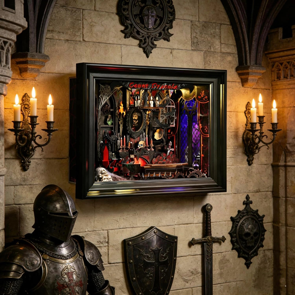 Diorama Count Dracula appeso alla parete in un'ambientazione gotica