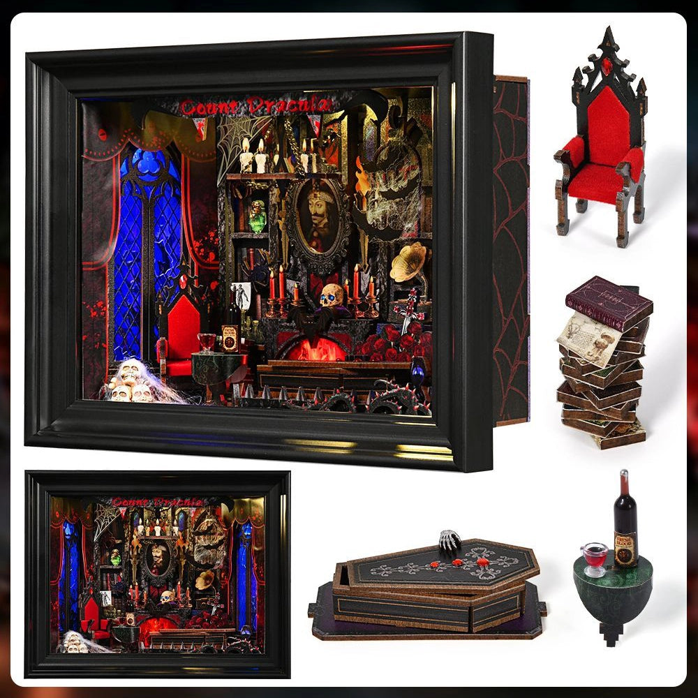 Cornice Count Dracula e primi piani di trono, libri, bara e tavolino in miniatura