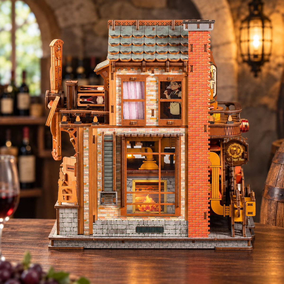 Rückseite der Corner Tavern mit Ziegelschornstein und Fenstern