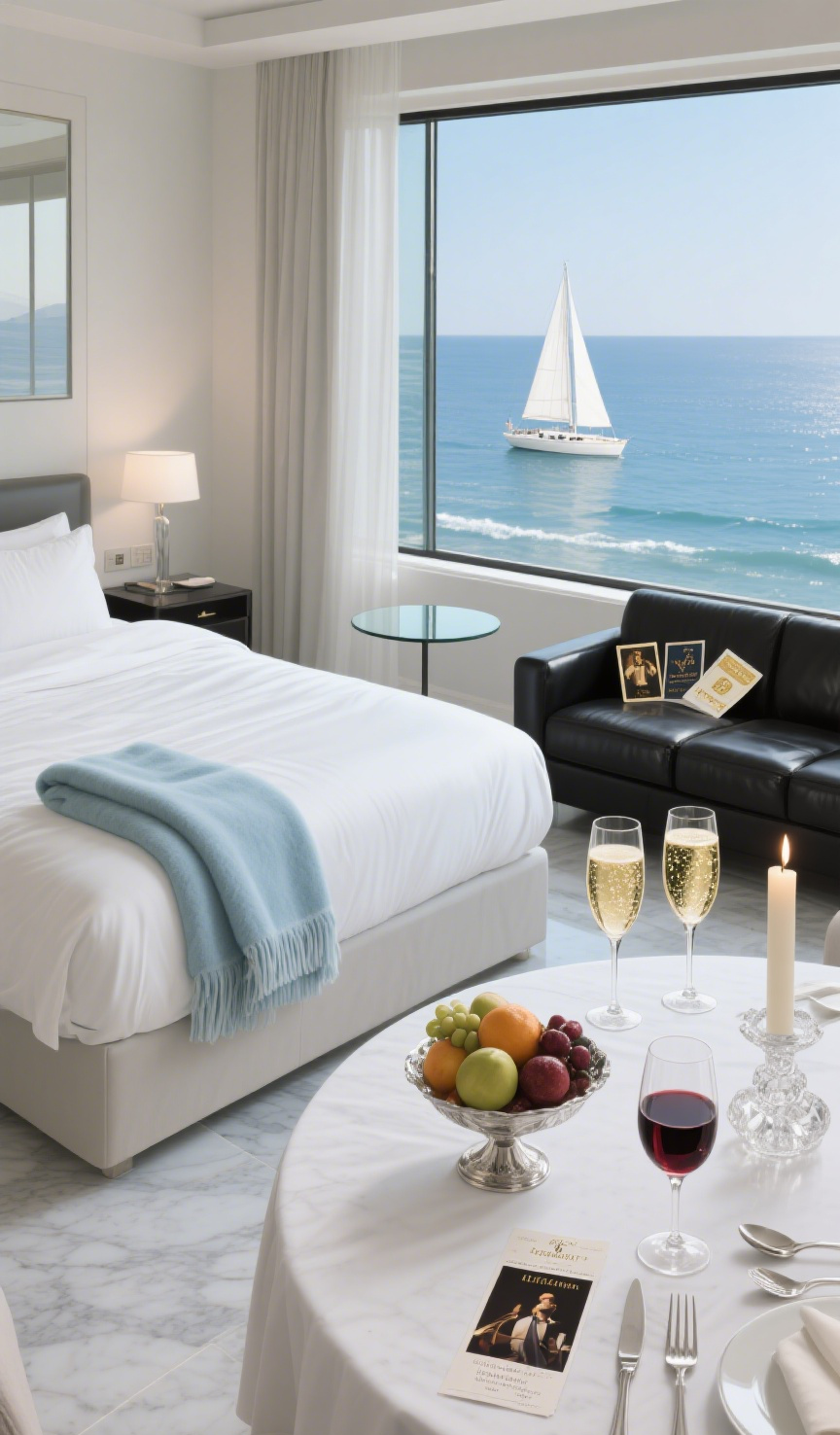 Camera d’albergo luminosa con vista mare, tavolo apparecchiato e barca a vela