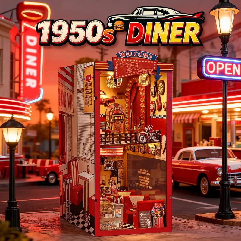 Seitliche Ansicht des Book Nook - 1950s Diner mit gut sichtbaren Elementen