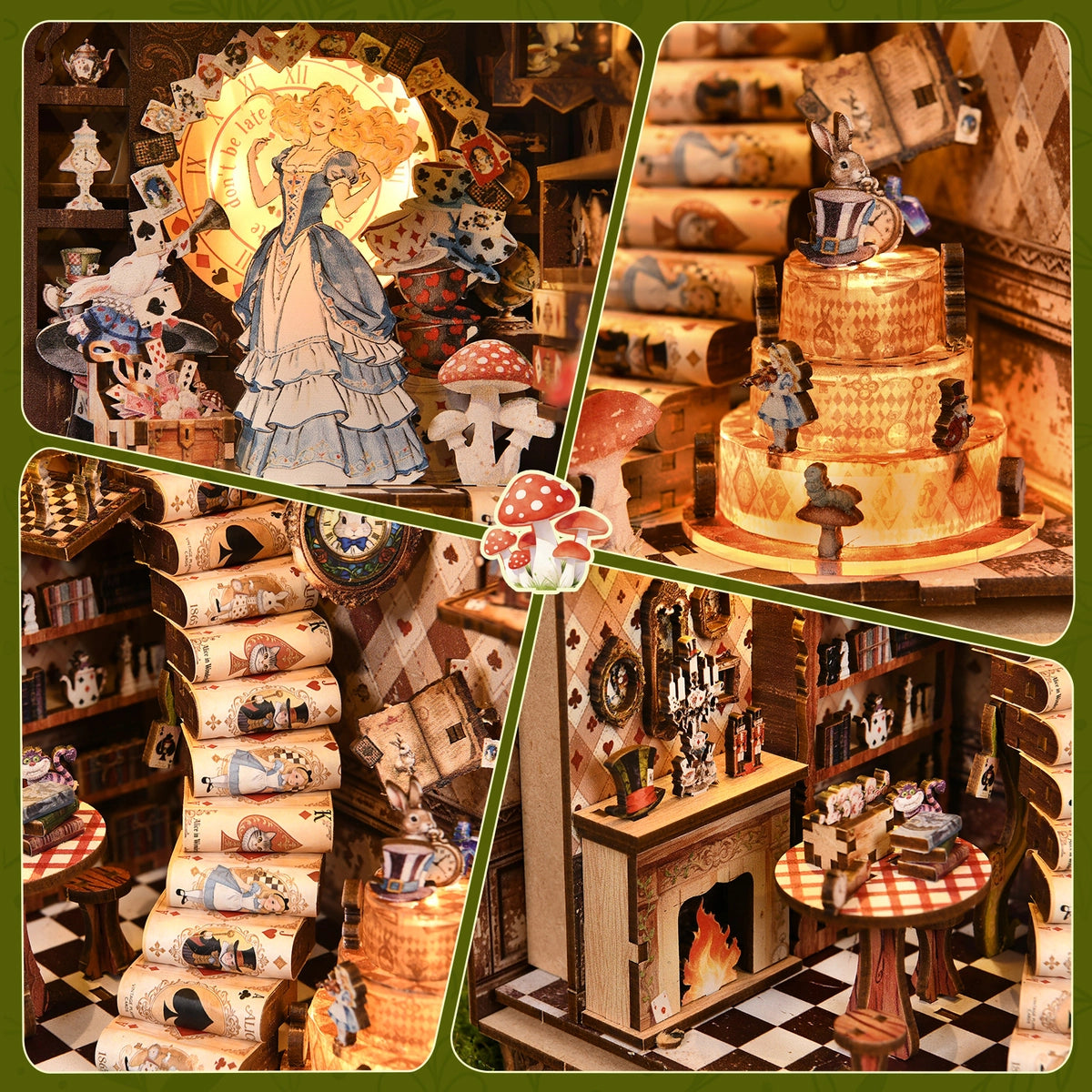 Collage der Figuren, Bücherstufen und Teeszene