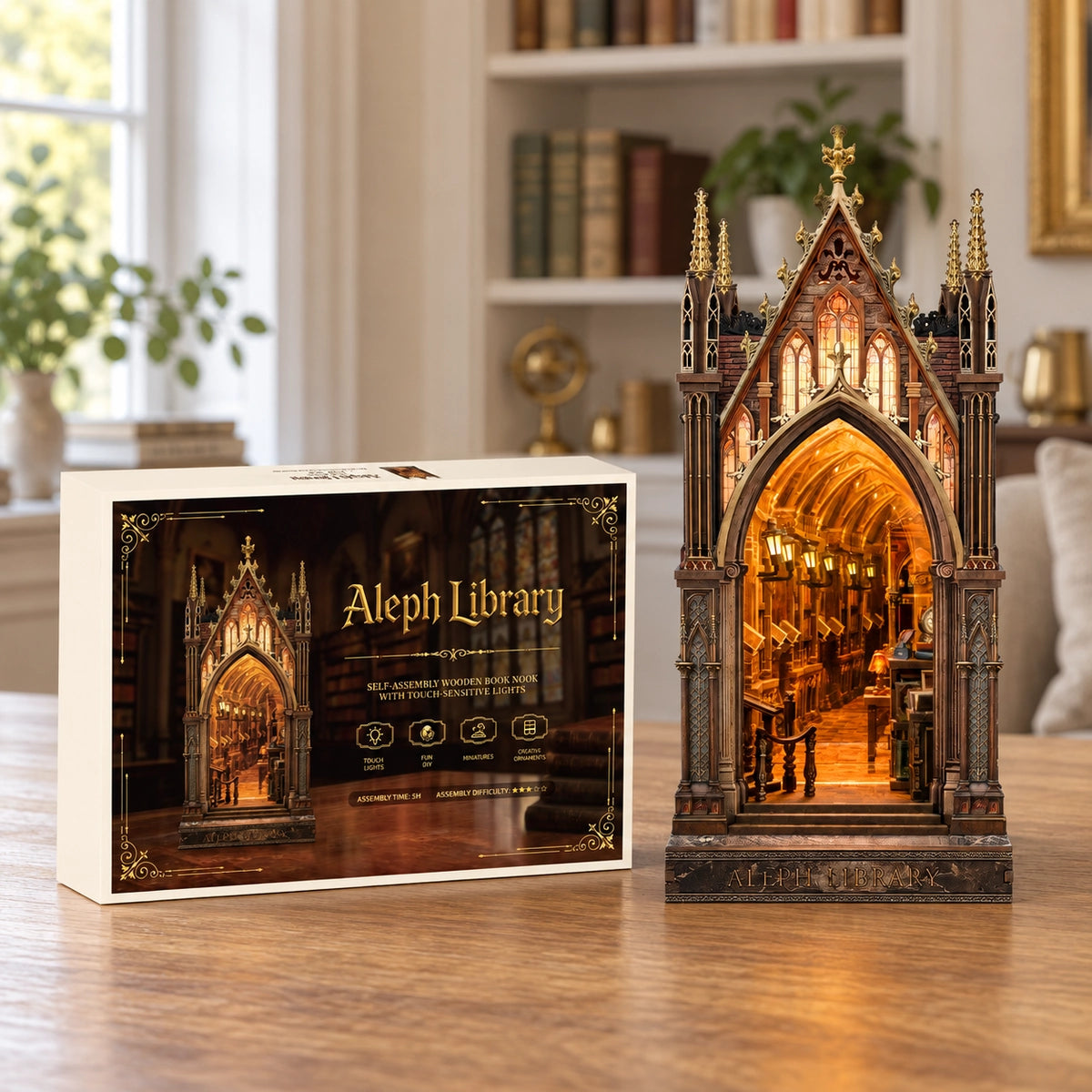 Aleph Library Book Nook neben der Produktverpackung
