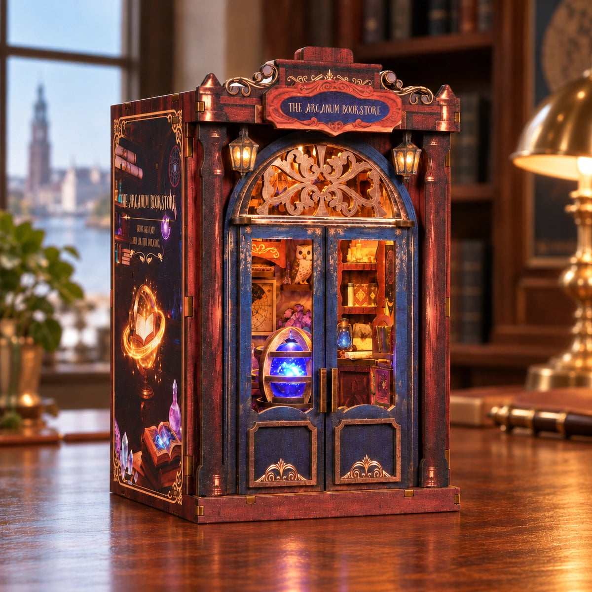 Arcanum Bookstore – Vista laterale obliqua della libreria decorata