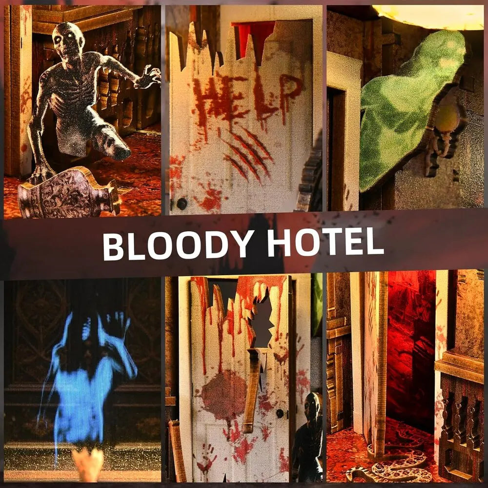 Collage horror con fantasma, porte insanguinate, figura spettrale e scritta Bloody Hotel