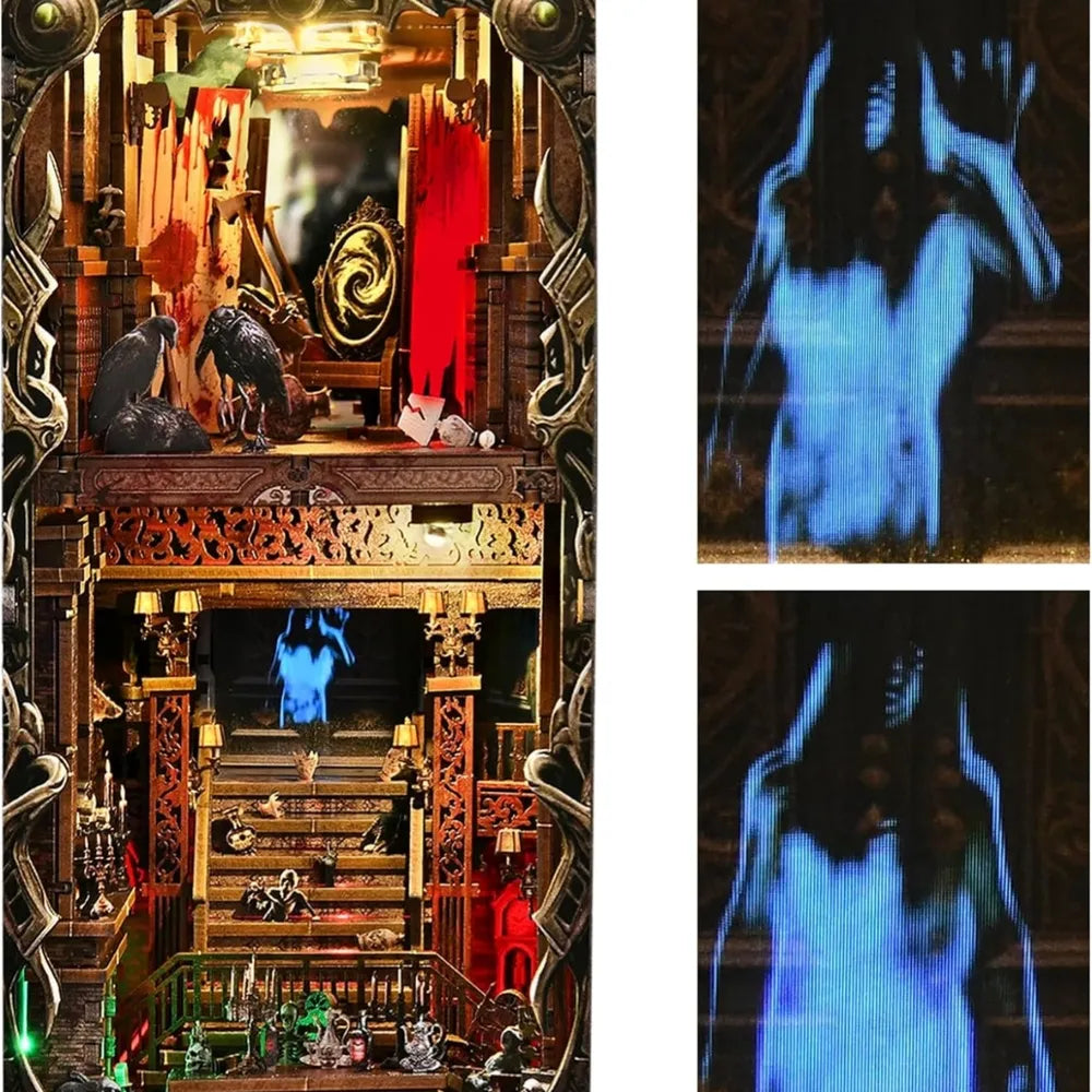 Confronto di due fotogrammi del fantasma proiettato sopra la scala dell’hotel