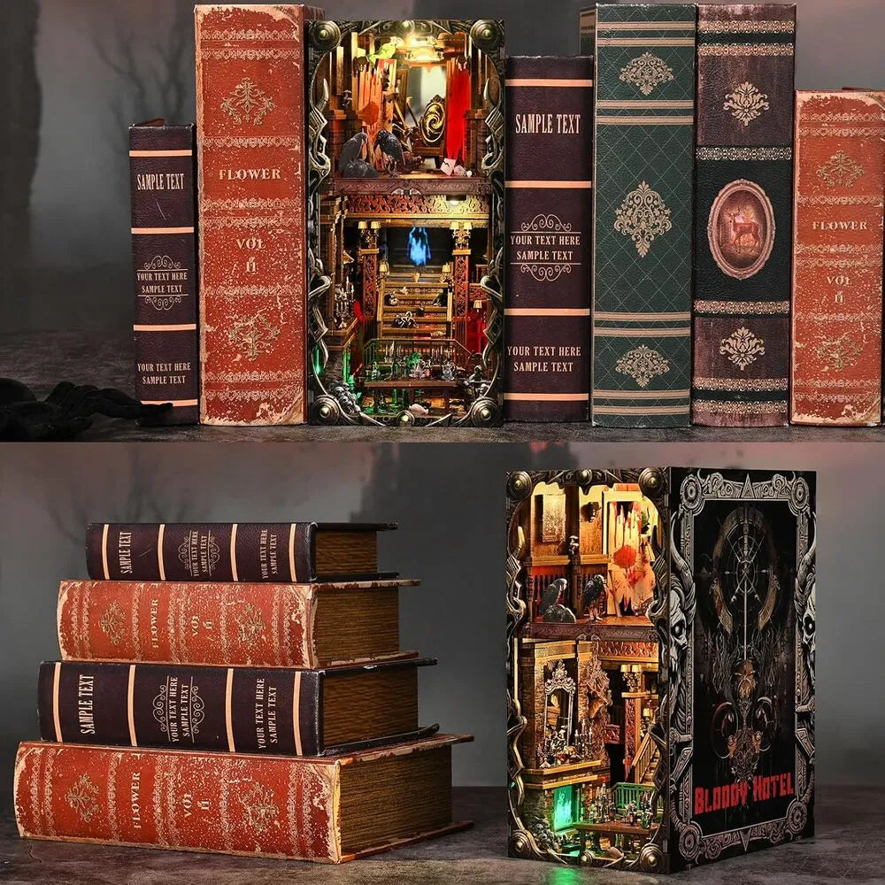 Due viste del Book Nook esposto tra libri decorativi con luce interna accesa