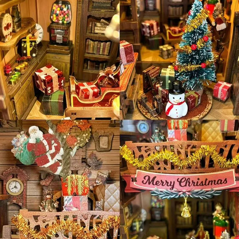 Dettagli natalizi con pacchi, slitta, albero, pupazzo di neve e Babbo Natale