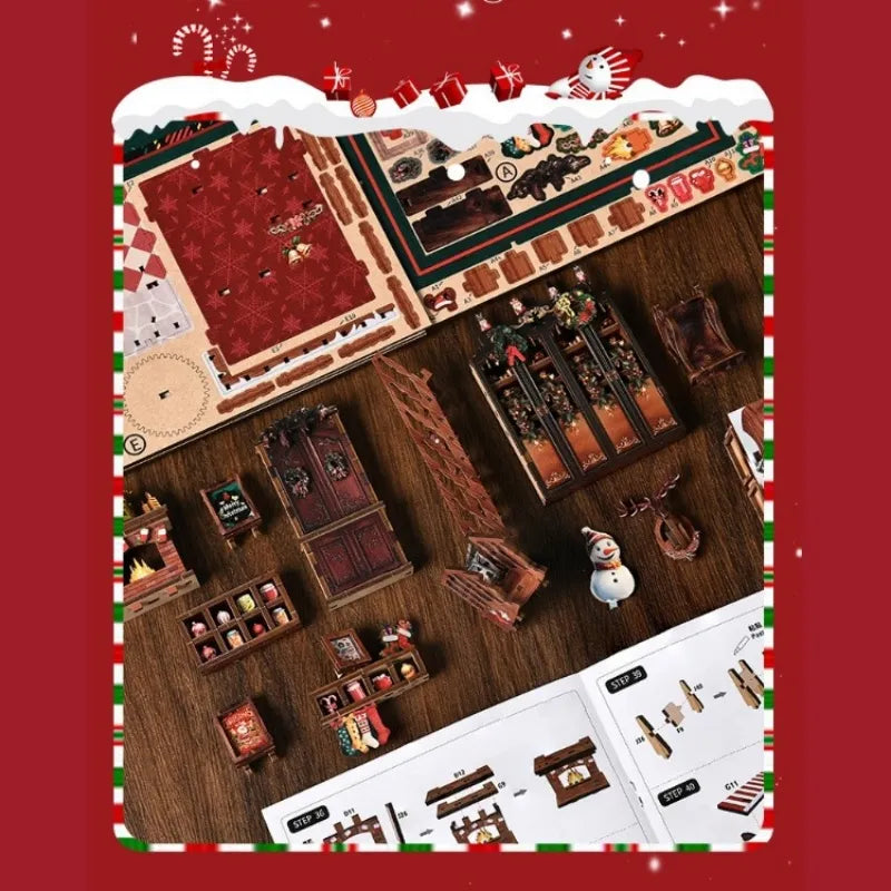 Detailansicht des Book Nook - Christmas Shop mit präzise geschnittenen Holzteilen aus hochwertigem Material