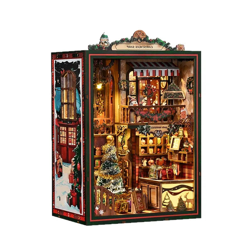 Book Nook - Christmas Shop Gesamtansicht mit präzise geschnittenen Holzteilen und hochwertiger Verarbeitung