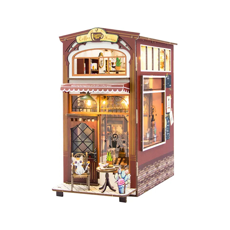 DIY Book Nook - Coffee House Gesamtansicht mit präzise geschnittenen Holzteilen und hochwertiger Verarbeitung