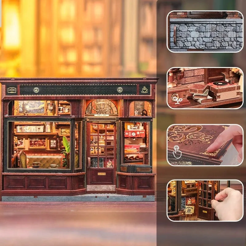 Nahaufnahme des Book Nook - Corner Coffee Shop mit reichhaltigen Details