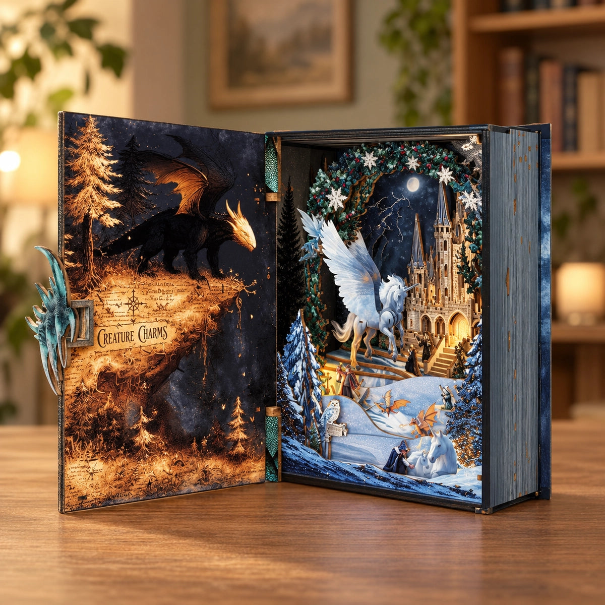 Geöffnetes Creature Charms mit Drachenlandschaft auf der Innenseite