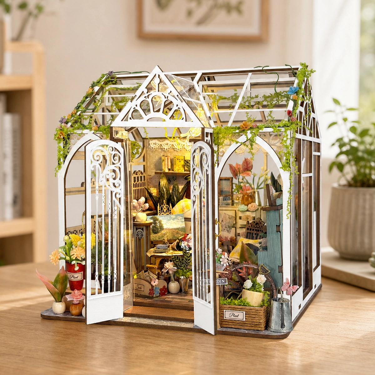 Demi's Flower House con doppie porte aperte e calda luce LED