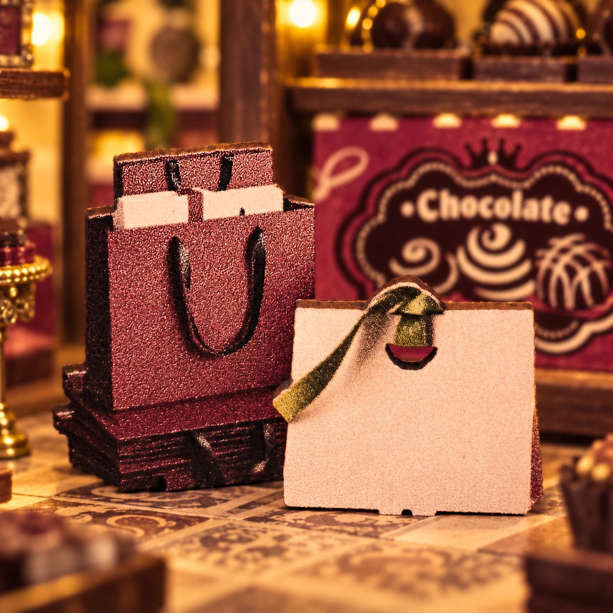 Miniatur-Geschenktüten vor der Schokoladenauslage