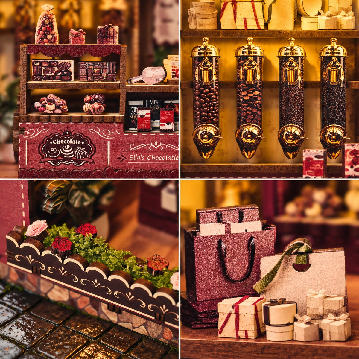 Detailübersicht mit Pralinen, Vorratsbehältern, Blumen und Geschenktüten