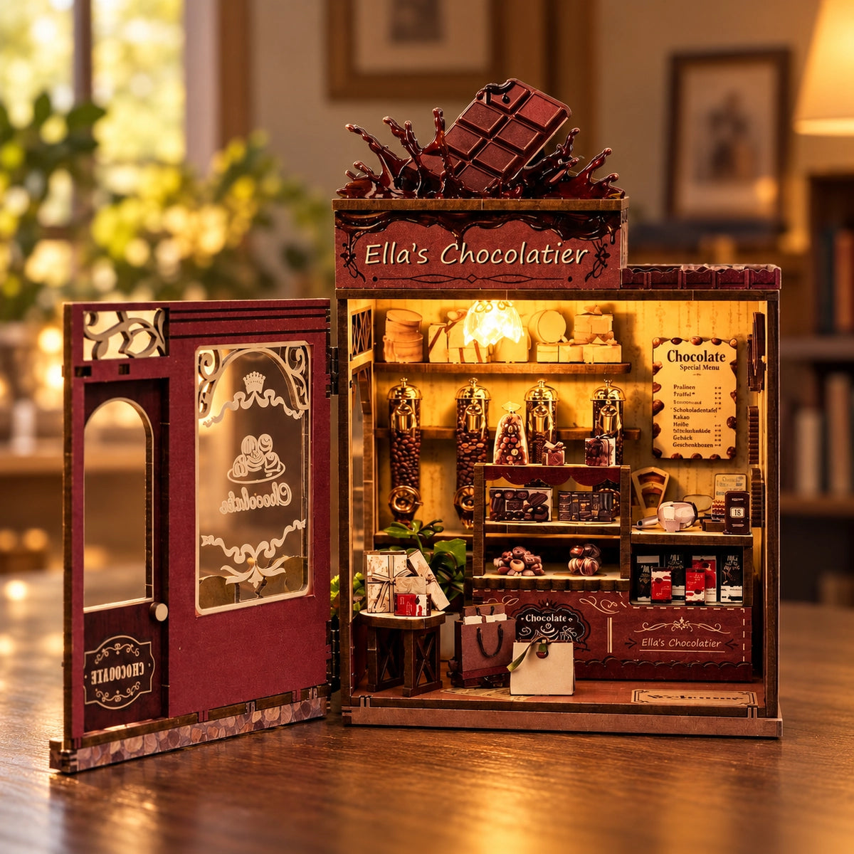Innenansicht der Chocolaterie mit Regalen und kleinen Geschenken