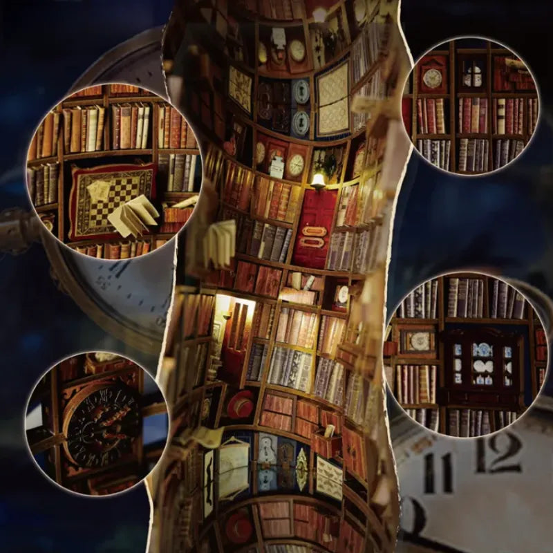 Nahaufnahme des Book Nook - Falling Library mit reichhaltigen Details