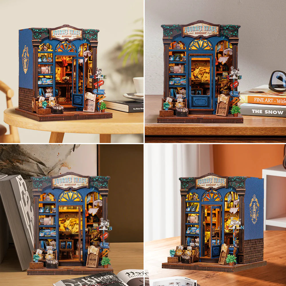 Book Nook Kit | Journey Trace Bookshop dekorativ auf einem Schreibtisch platziert