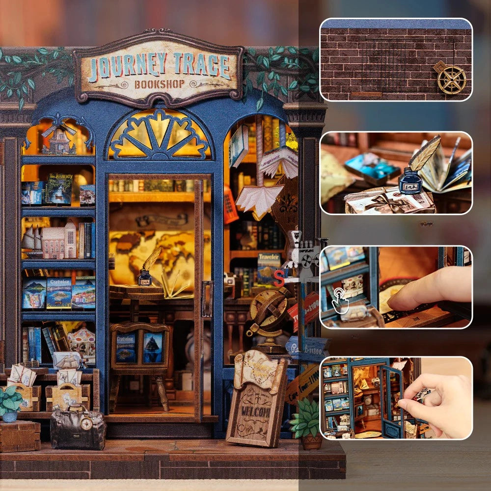Nahaufnahme des Book Nook Kit | Journey Trace Bookshop mit reichhaltigen Details
