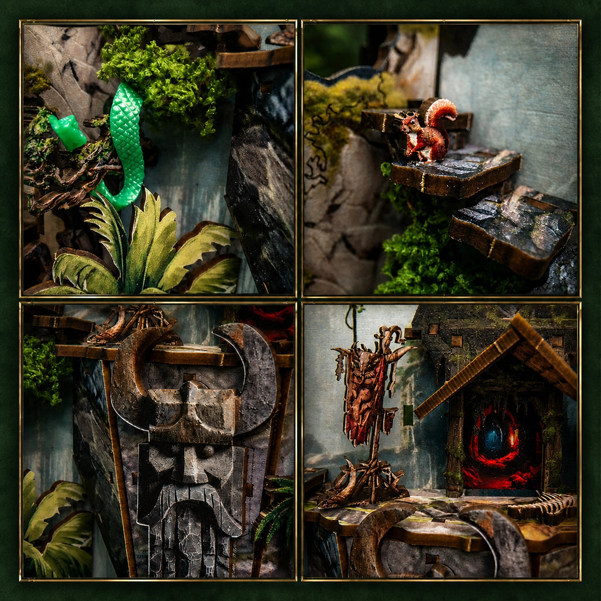 Detailcollage mit Schlange, Eichhörnchen, Axt und rotem Ruinenportal