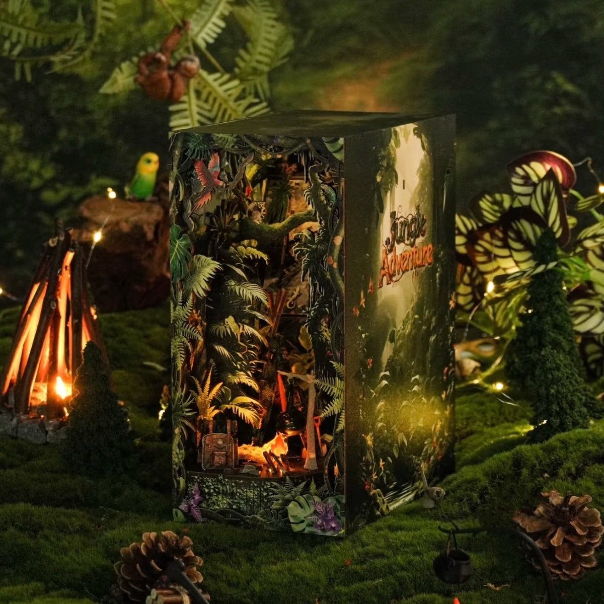 Dschungel Book Nook mit Wasserfall und Expeditionsroute im Bücherregal