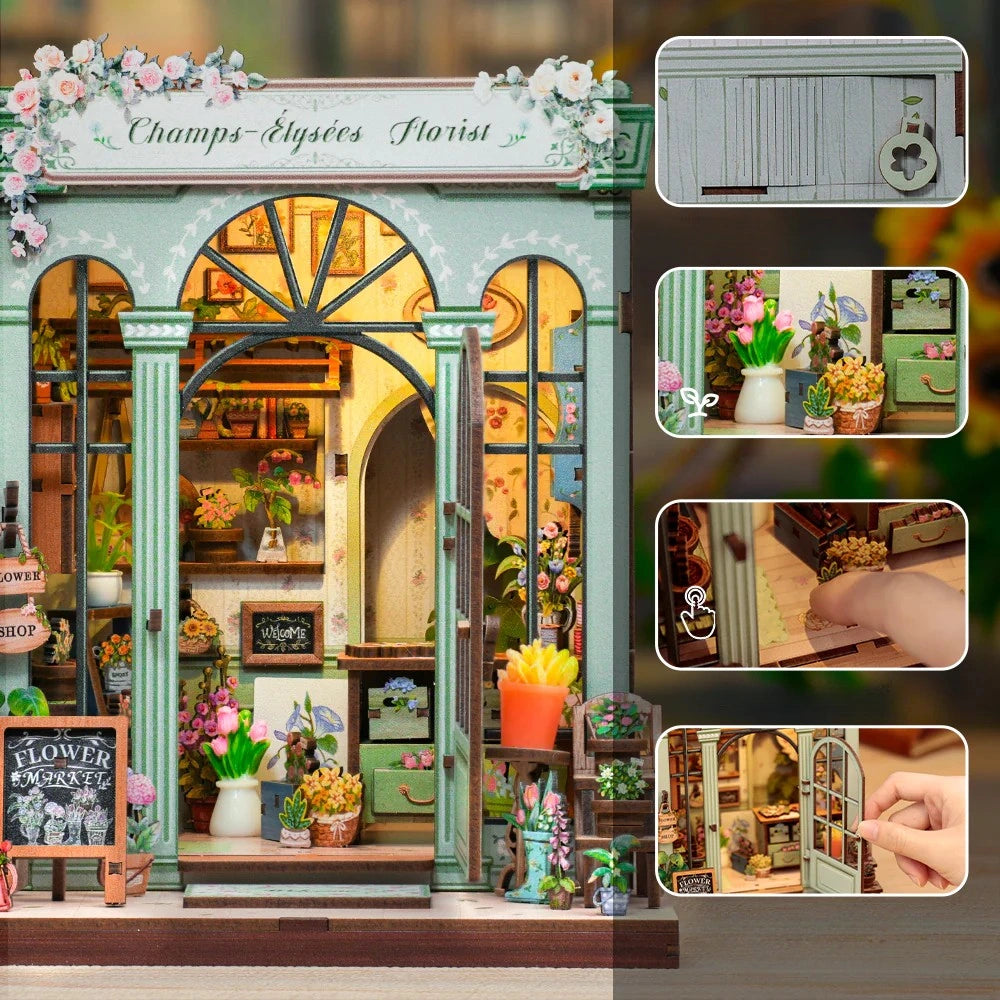 Nahaufnahme des Book Nook Kit | Champs-Élysées Florist mit reichhaltigen Details