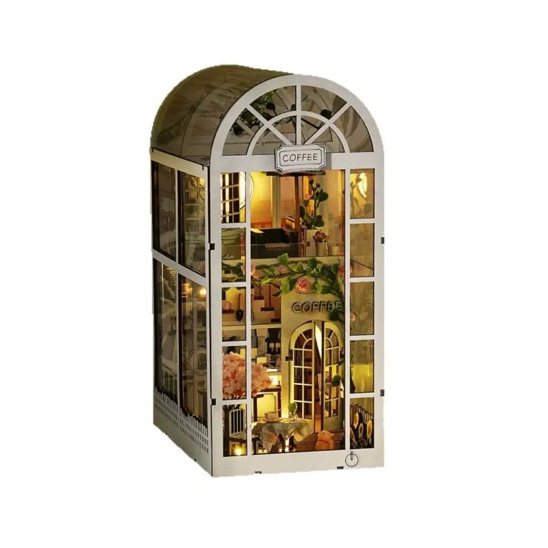 Book Nook Kit - Coffee Garden Gesamtansicht mit präzise geschnittenen Holzteilen und hochwertiger Verarbeitung