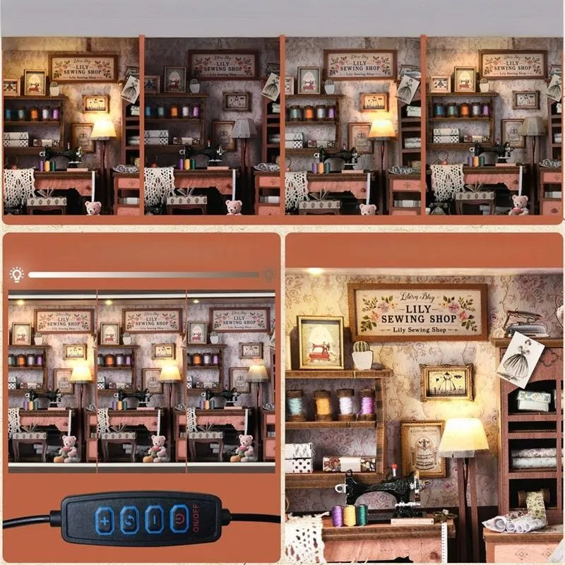 Nahaufnahme des Book Nook Kit - Lily Sewing Shop mit reichhaltigen Details