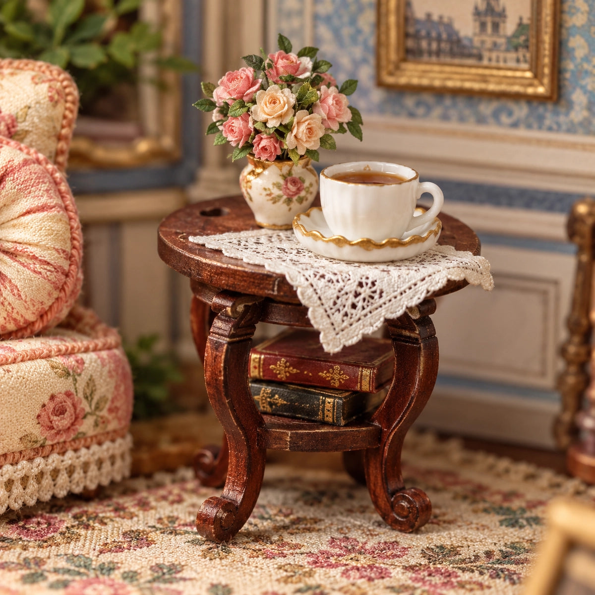 Tasse und Blumenstrauß auf einem zierlichen Miniaturtisch