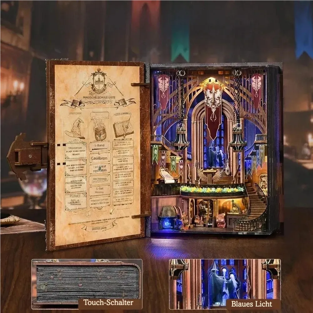 Magic Admissions Guide aperto con comando touch e sala illuminata di blu