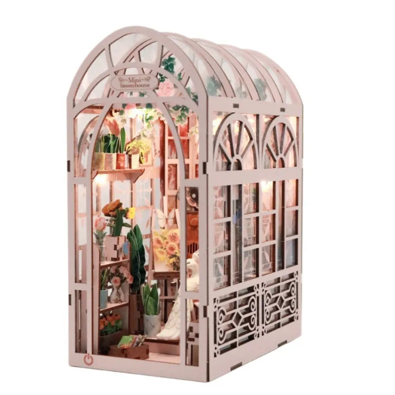 Book Nook - Mini Greenhouse Flower Room Gesamtansicht mit präzise geschnittenen Holzteilen und hochwertiger Verarbeitung