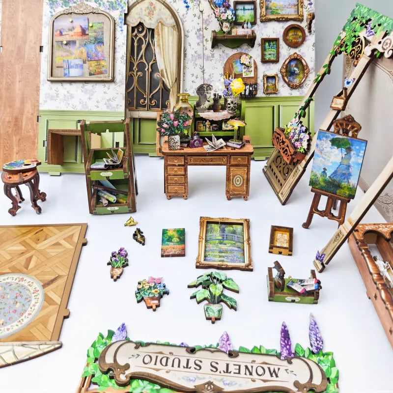 Detailansicht des Book Nook - Monet's Impression mit präzise geschnittenen Holzteilen aus hochwertigem Material