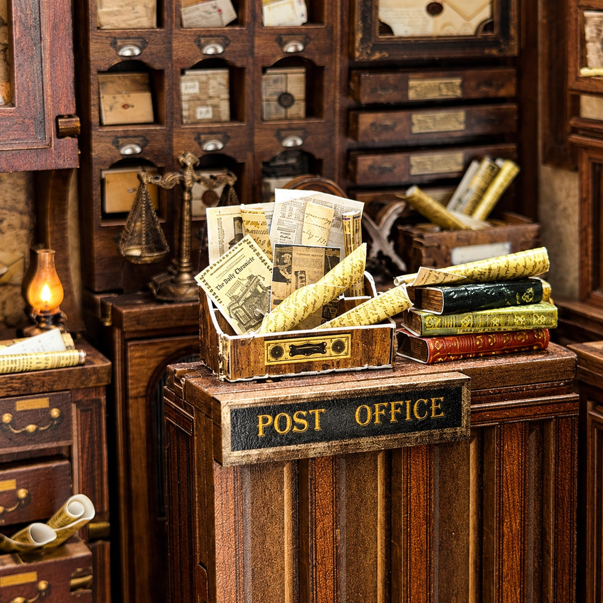 Miniatur-Postschalter mit Briefen und Büchern