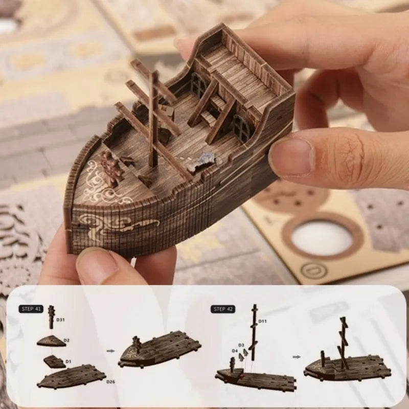 Detailansicht des Book Nook - Riddle on the Seabed mit präzise geschnittenen Holzteilen aus hochwertigem Material