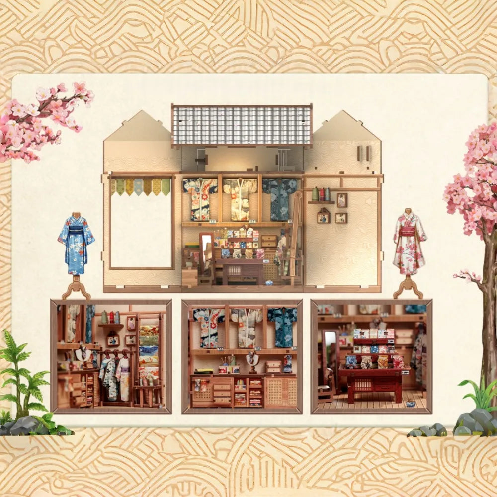 Nahaufnahme des Book Nook - Sakura O Kimono Shop mit reichhaltigen Details
