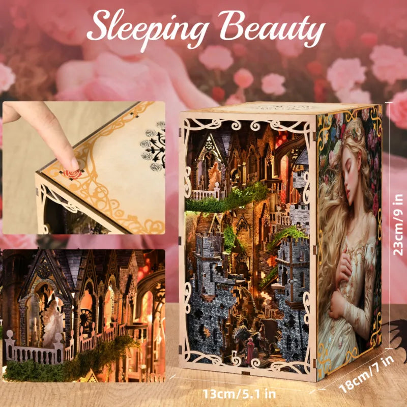 Seitliche Ansicht des Book Nook - Sleeping Beauty mit gut sichtbaren Elementen