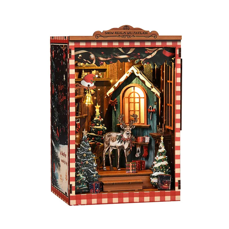 Book Nook - Snow Realm Pavilion Gesamtansicht mit präzise geschnittenen Holzteilen und hochwertiger Verarbeitung