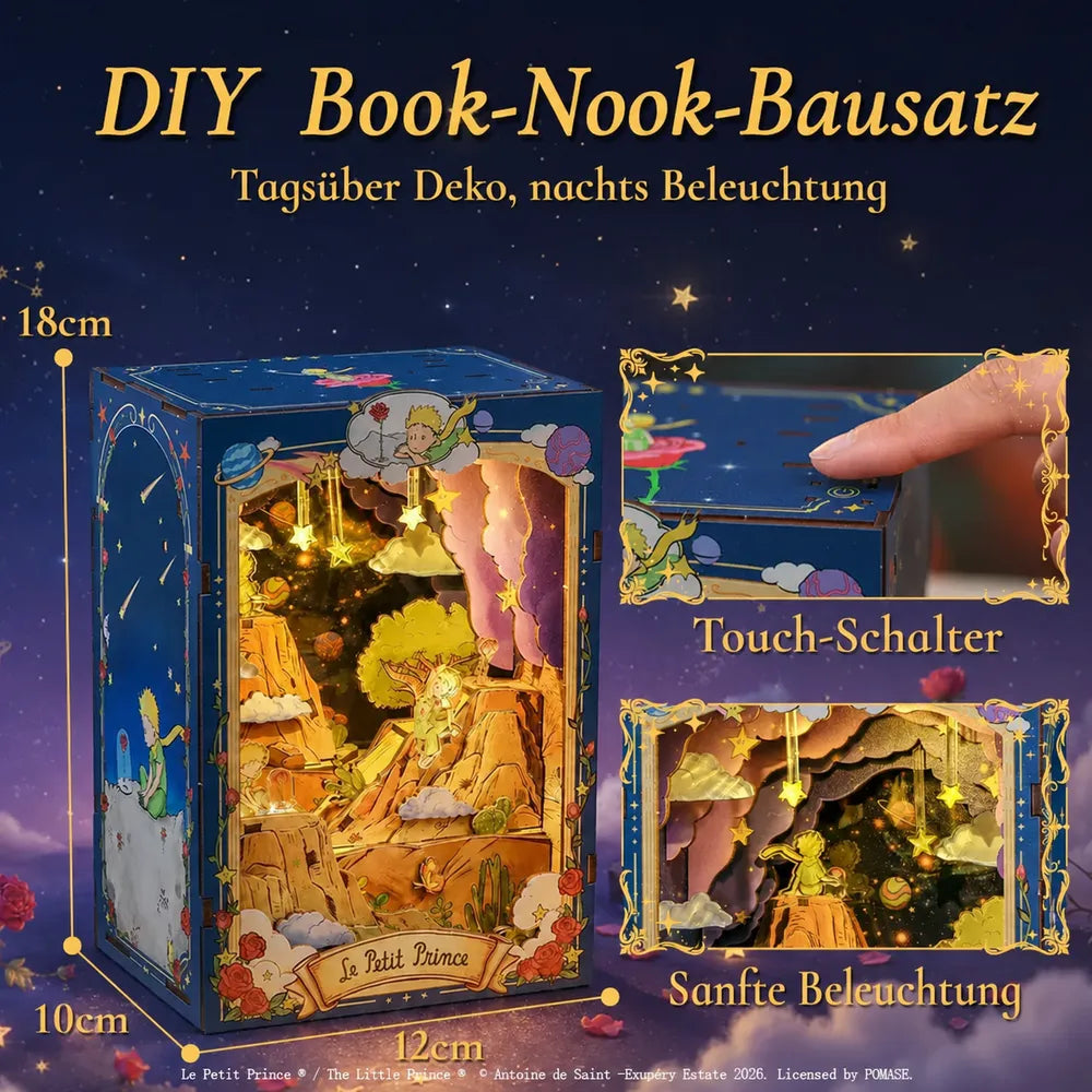 Maße, Touch-Schalter und warmes LED-Licht des Book Nooks