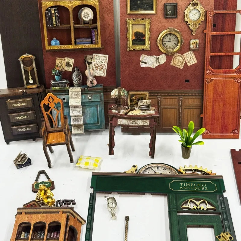 Detailansicht des Book Nook - Timeless Antique Shop mit präzise geschnittenen Holzteilen aus hochwertigem Material