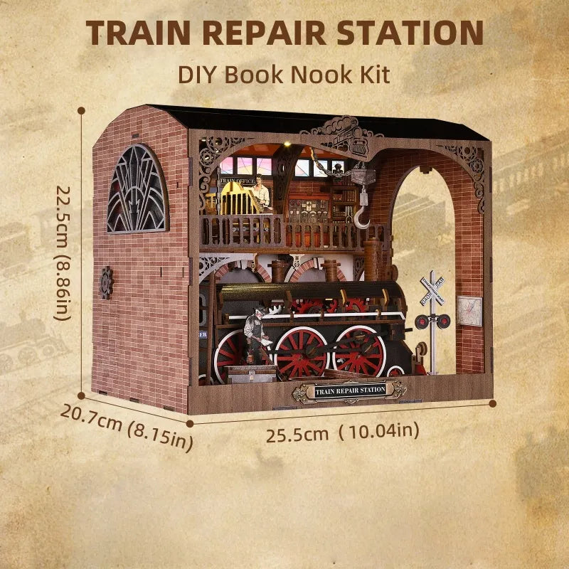 Book Nook - Train Repair Station mit detaillierten Abmessungen