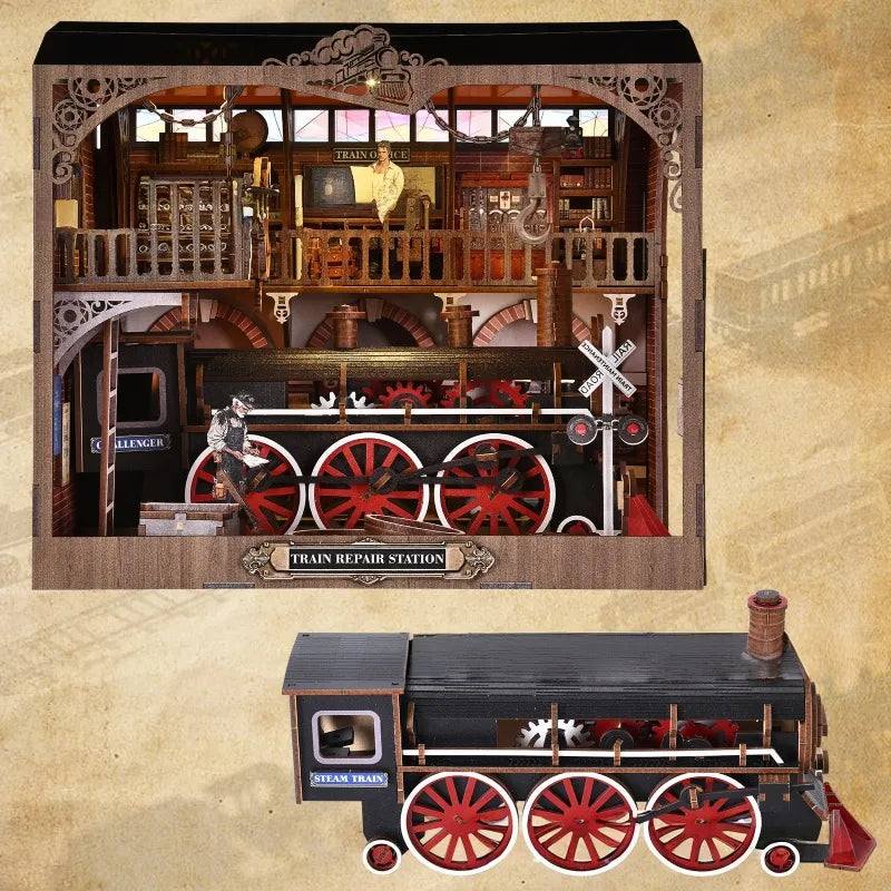 Nahaufnahme des Book Nook - Train Repair Station mit reichhaltigen Details