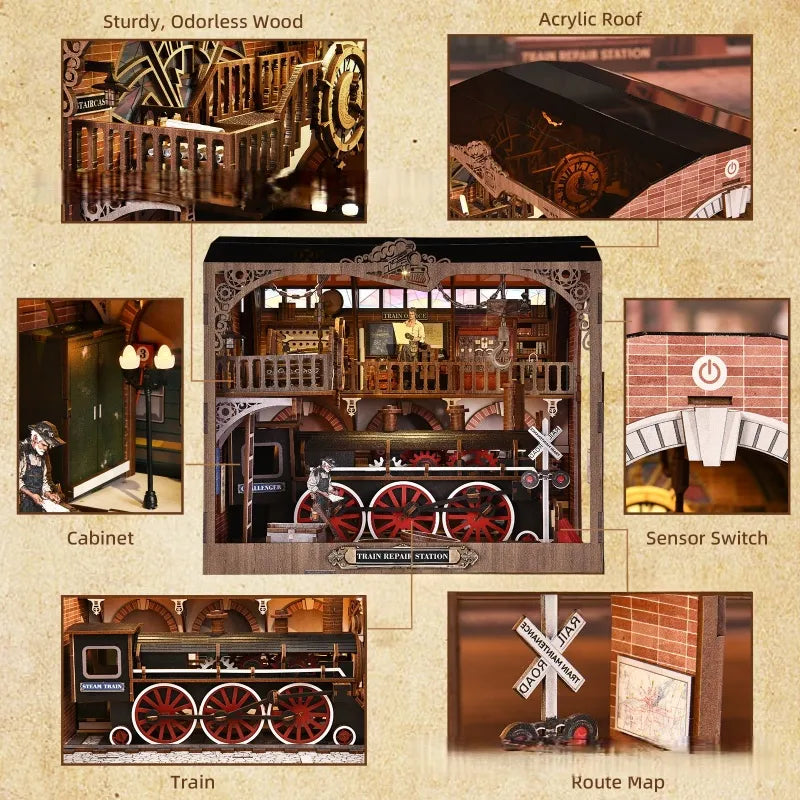 Nahaufnahme des Book Nook - Train Repair Station mit reichhaltigen Details