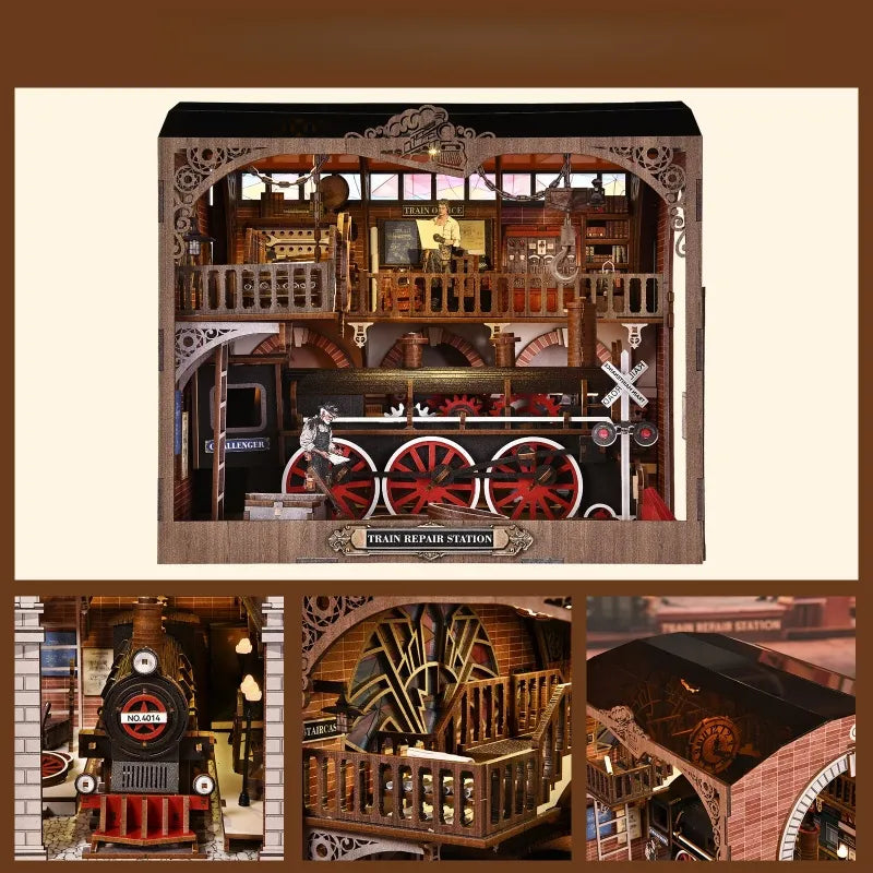 Nahaufnahme des Book Nook - Train Repair Station mit reichhaltigen Details
