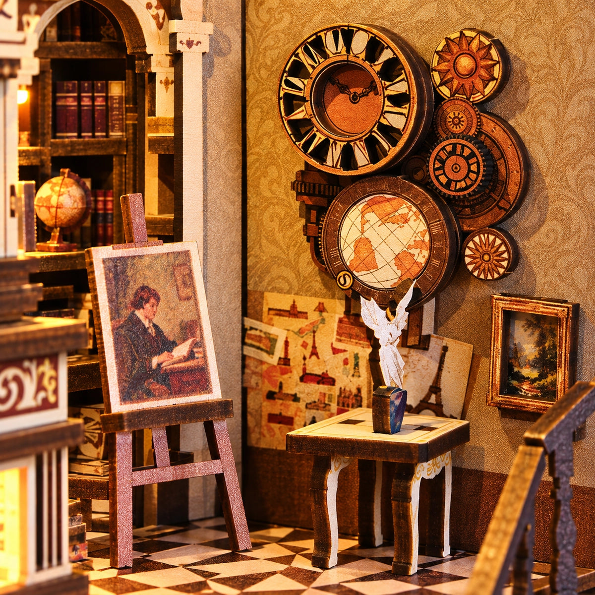 Traveler's Bookstore – Dekorative Zifferblätter und Weltkartenmotive an der Wand