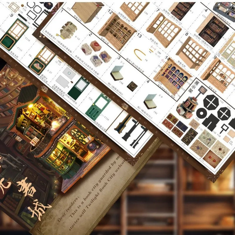 Lieferumfang des Miniatur Haus - Twilight Book City mit Zubehör und Anleitung